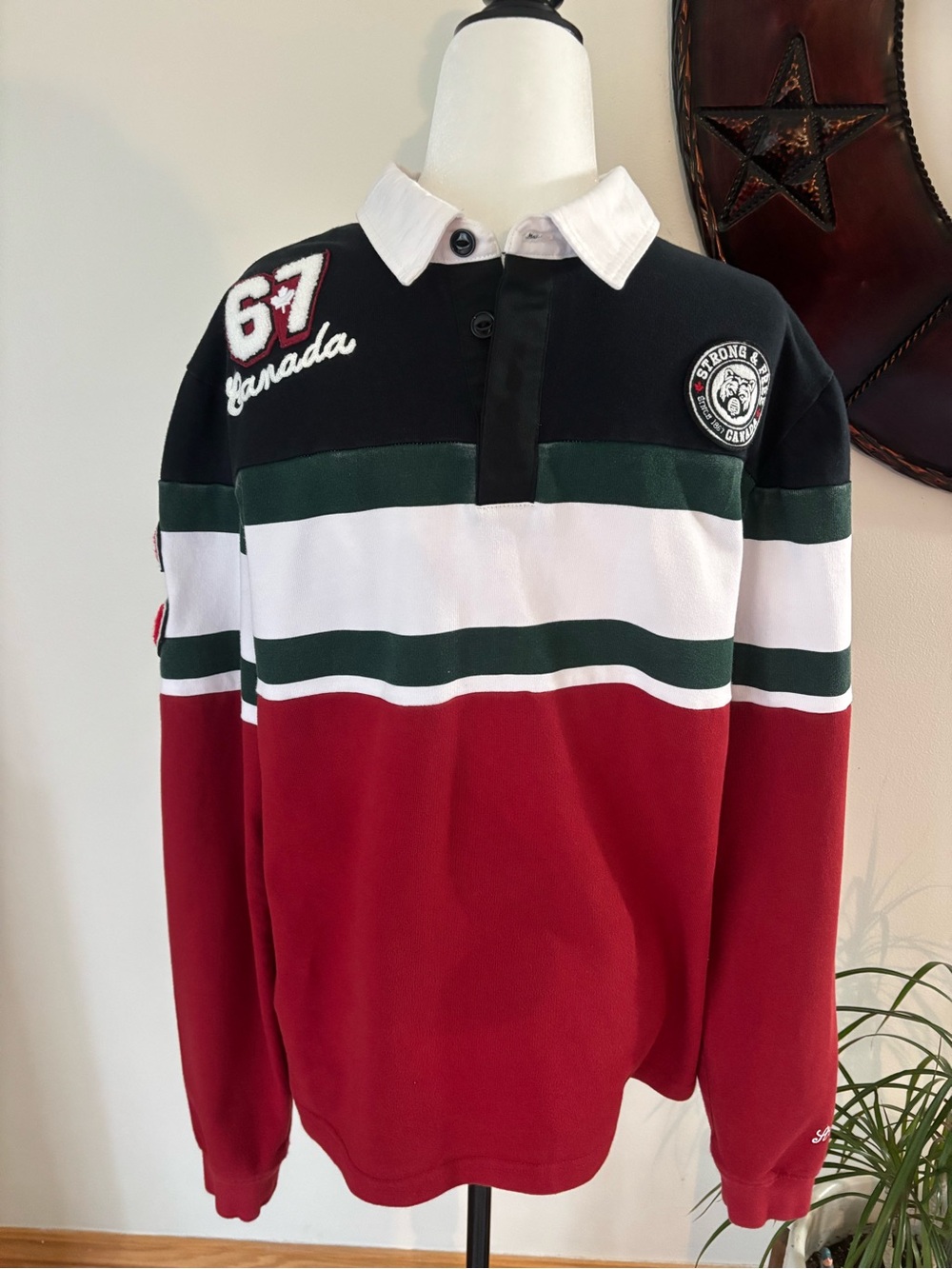 Hudson Bay Striped Retro Collegiate Rugby Pullover with Embroidered Patches Sz M